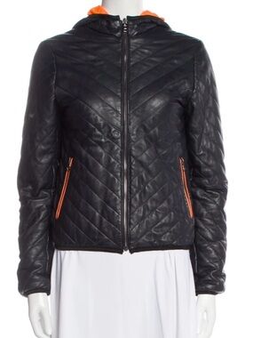SIPOS LEATHER Quilted Black Hooded Jacket with Orange Trim double sided